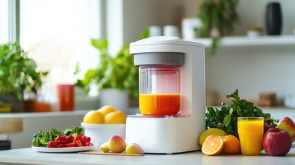 A modern juicer on a kitchen counter surrounded by fresh fruits and vegetables, showcasing healthy drink preparation in a bright and clean environment.