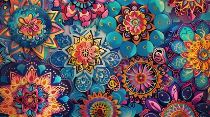 Wall Mural - Colorful floral mandalas showcase complex patterns and designs, perfect for brightening any art project or decorative space. Generative AI