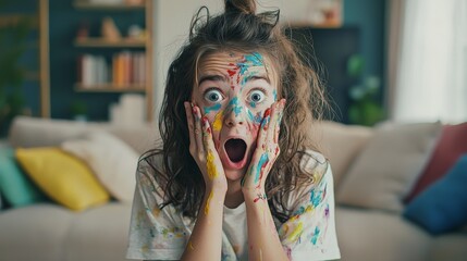 Wall Mural - a cute surprised little girl covered in hand paint at home