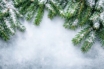 Winter season background with frosted pine branches snowy backdrop