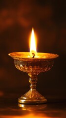 Golden diya lamp aglow with warm flame on dark background