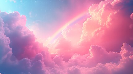 Canvas Print - A vibrant rainbow arcs across a sky filled with fluffy, pink and purple clouds.