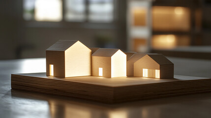 wooden model symbolizing property ownership and real estate investment. Clean, modern design emphasizes simplicity, stability, and growth in housing markets and financial planning