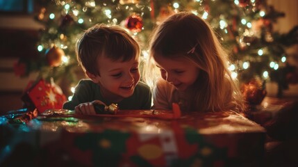 Two children excitedly open presents by a beautifully decorated Christmas tree with twinkling lights during the festive season