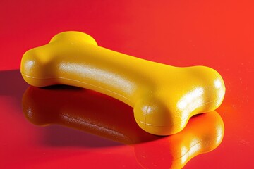 A bright yellow dog toy shaped like a bone, resting on a reflective red surface.