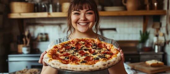 Wall Mural - A woman holding up a delicious, freshly baked pizza in a rustic kitchen, smiling.