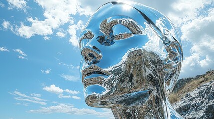 Futuristic Chrome Robot Head in Reflective Landscape