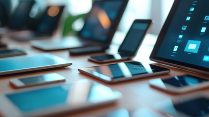 an array illustrated through a close-up of various electronic devices lined up on a table, showcasing the latest technology