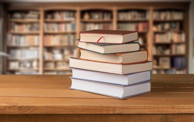 Poster - Set of books on table in library, education concept