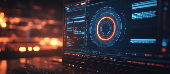 Close-up of a glowing orange and blue computer screen with a circular design in the center.