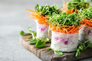 Fresh vegetable rice paper rolls on wooden board