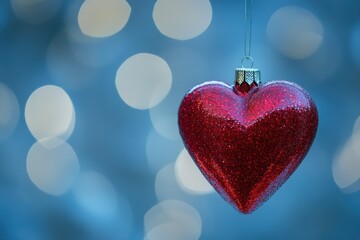 Wall Mural - sparkling red heart-shaped christmas ornament on blue background