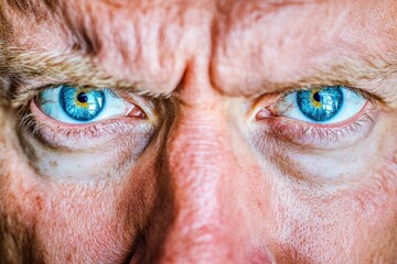 Intense blue-eyed adult caucasian gaze close-up