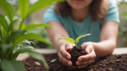 Nurturing a New Plant in a Lush Garden Setting