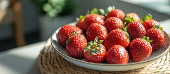 Poster - Fresh ripe red strawberries in a white bowl on a woven mat.