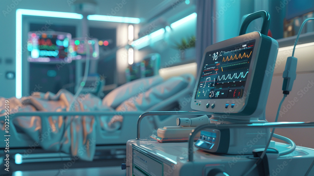 High-tech ventilator in hospital ICU room. Ventilator machine ...