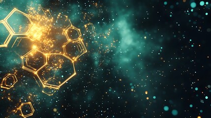 Golden and green abstract background hexagon pattern wallpaper, illustration random design and bokeh lights