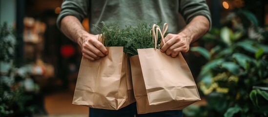 Sticker - A man holding two paper bags filled with fresh produce.