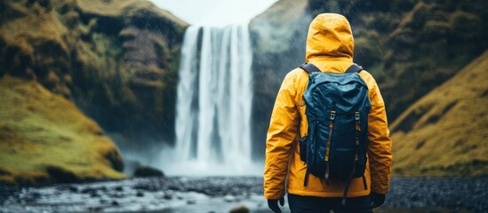Wall Mural - person in yellow jacket with backpack admiring a cascading waterfall in a lush green landscape.