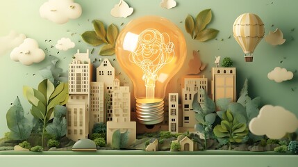 Unique fantasy illustration of light bulb in a 3d cream city illustration environment, abstract background, creativity and new designs