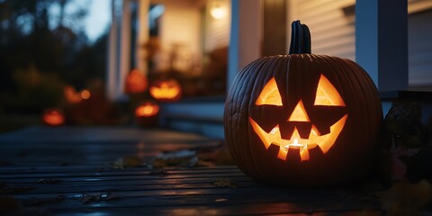 Scary Halloween pumpkin with orange lights as eyes, nose and mouth, background of a defocused house