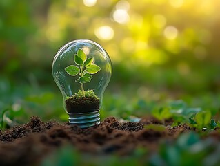 Sprout inside of a classic light bulb on the ground, background of nature and green forest, new ideas and environment concept