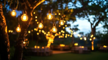 Canvas Print - An outdoor venue elegantly lit with hanging bulbs, creating a cozy atmosphere while highlighting the natural landscape at night