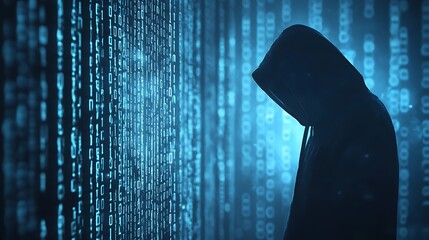 Hooded figure silhouette with blue binary background, digital illustration of hacker, fraud and cyber security related