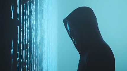 Hooded figure silhouette with blue binary background, digital illustration of hacker, fraud and cyber security related