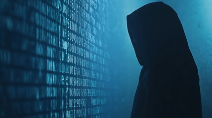 Hooded figure silhouette with blue binary background, digital illustration of hacker, fraud and cyber security related