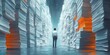 © MindVerse - A man staying in a corridor of papers stacked on each other in white and orange theme illustration design, digital cartoon like wallpaper, state of mind, creativity and new ideas