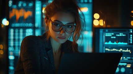 A businesswoman in a corporate office working on a laptop with financial data