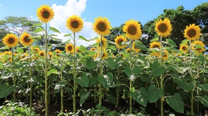 A field of sunflowers under a blue sky with white clouds.