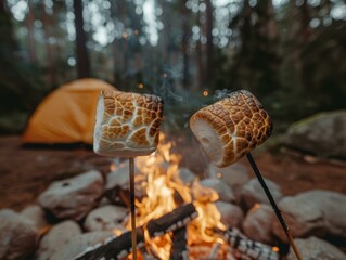 Canvas Print - Two marshmallows on sticks being roasted over a campfire. AI.