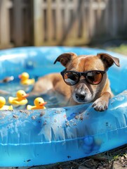 Poster - A dog wearing sunglasses relaxes in a kiddie pool full of rubber ducks. AI.