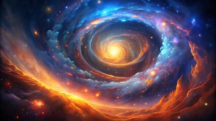 Wall Mural - A cosmic swirl of fiery orange and celestial blue, a swirling vortex of stardust and celestial bodies in the vast expanse of space.