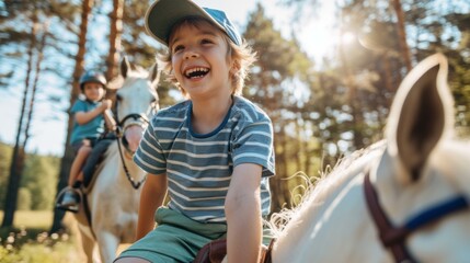 Wall Mural - A young boy smiles while riding a horse. AI.