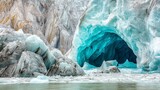 A large ice cave with a blue interior in a glacier with water in the foreground.