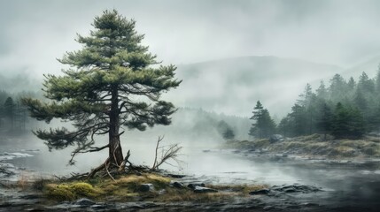 Wall Mural - droplets misty pine trees