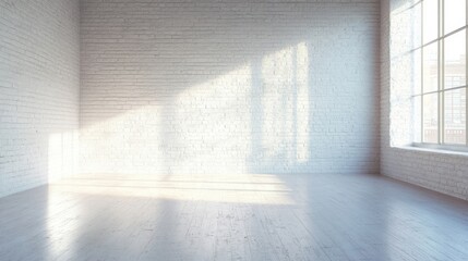 Wall Mural - A clean and minimalistic empty room features white brick walls and sunlight streaming through large windows, creating an airy atmosphere