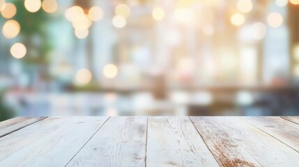 Wall Mural - An empty wooden table sits quietly, bathed in soft light, with a blurred background creating a calm atmosphere perfect for reflection