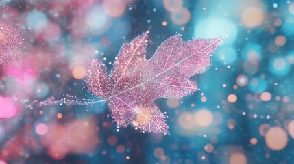 Wall Mural - Vibrant leaves are illuminated by sparkling particles, connected by a glowing network against a deep blue and pink background