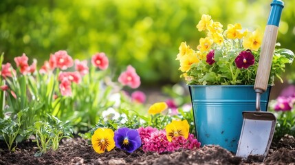 Colorful flowers in garden with blue pot and gardening tools