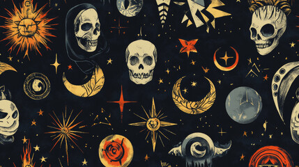 A spooky and stylish pattern with magical symbols, perfect for Halloween or Gothic designs. It's hand-drawn and looks like it's straight from a vintage book.