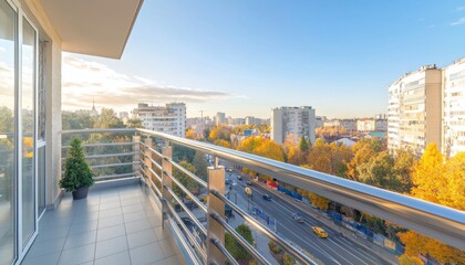 A scenic balcony view showcasing a cityscape with autumn foliage and a clear sky.