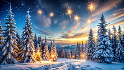 Winter landscape with snowy trees and a starry sky at sunset.