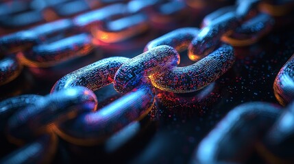 A close-up of a glowing, interconnected chain, emphasizing digital technology and connectivity.