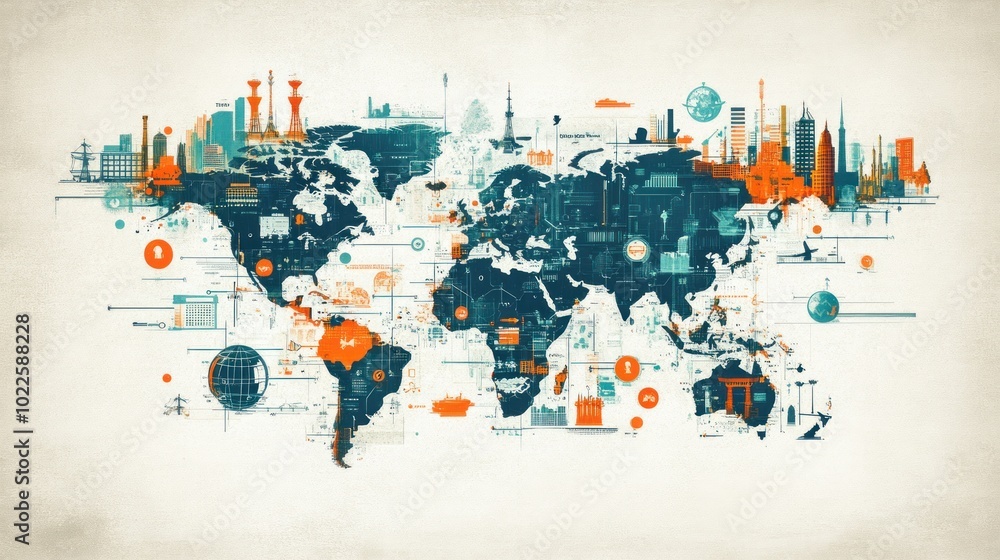 World map illustration with urban skyline, data visuals, and icons ...