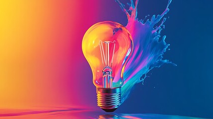 Vibrant creative illustration design of a classic lightbulb with hued background of red, orange and blue, creativity and new ideas concept