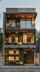 a facade of two storey town house, glass railing on first floor, horizontal flowerbed on second floor, minimalist architecture style